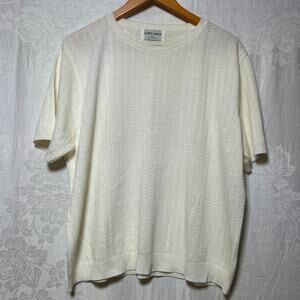 Vintage Alfred Dunner Sweater XL Cream Short Sleeve Open Knit Detail Made in USA